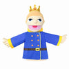 A plush hand puppet of a blonde character wearing a blue coat and a gold crown.