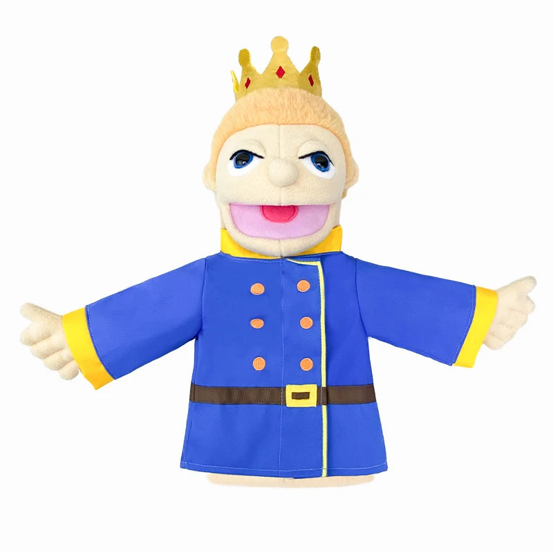 A plush hand puppet of a blonde character wearing a blue coat and a gold crown.