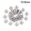 A collection of silver punk cone spike rivets measuring 7x10mm.