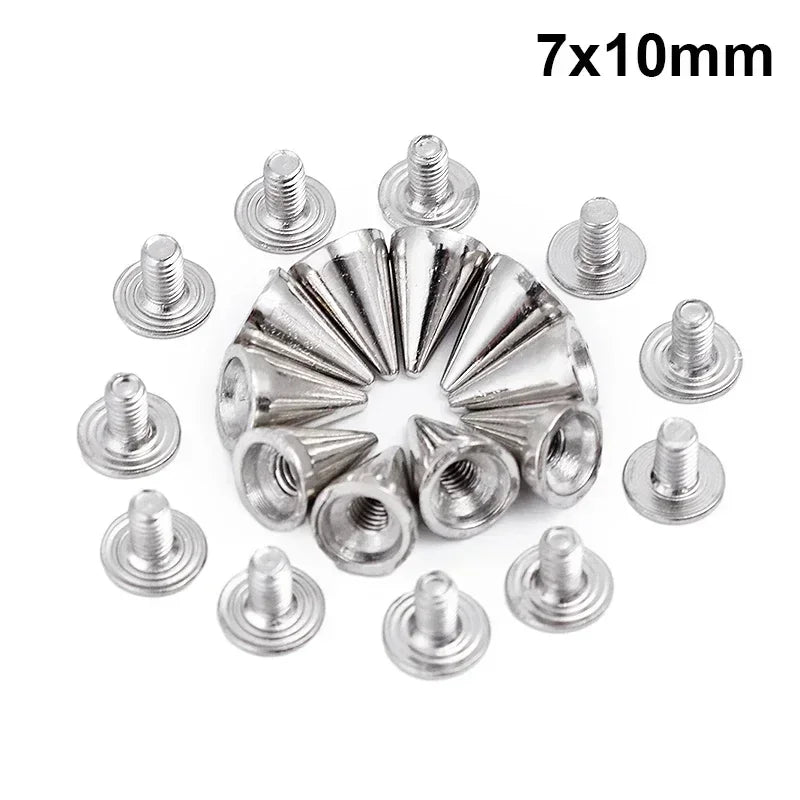 A collection of silver punk cone spike rivets measuring 7x10mm.