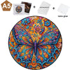 A colorful, intricate butterfly design puzzle featuring vibrant orange, blue, and purple hues.