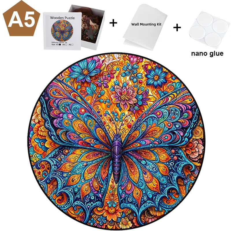A colorful, intricate butterfly design puzzle featuring vibrant orange, blue, and purple hues.