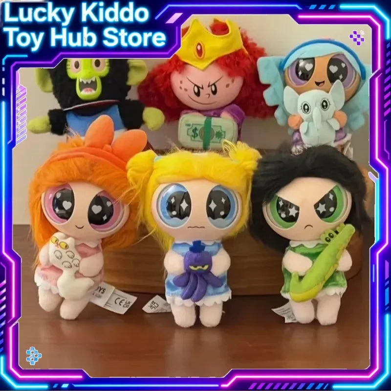 A collection of Lucky Kiddo Toy Hub Store figures, including Blossom from The Powerpuff Girls.