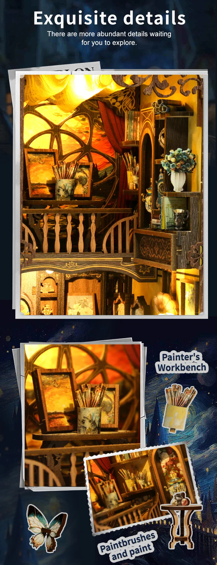 A close-up of a DIY wooden book nook kit featuring miniature figurines and detailed woodwork.