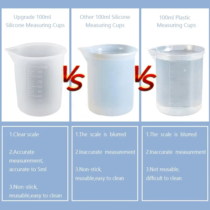Comparison of three types of 100ml measuring cups: silicone, other silicone, and plastic.