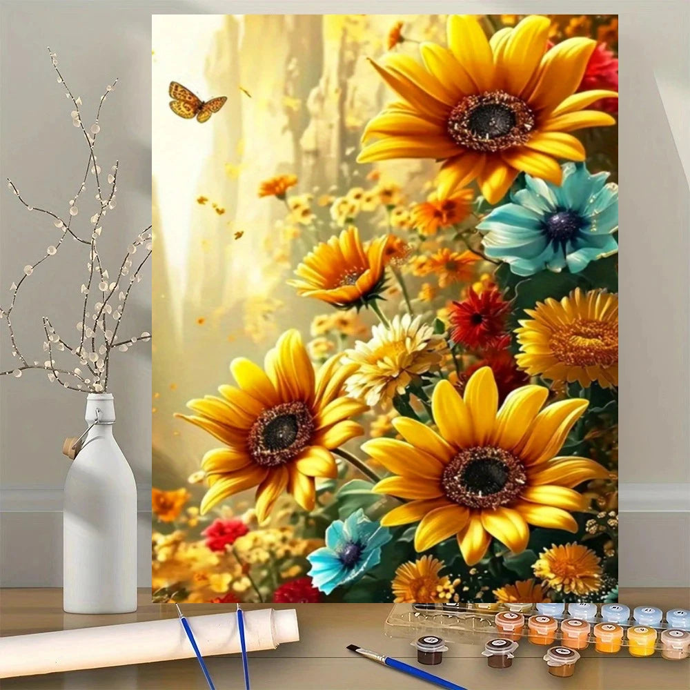 DIY paint by numbers kit featuring sunflowers and a butterfly in a vibrant floral arrangement