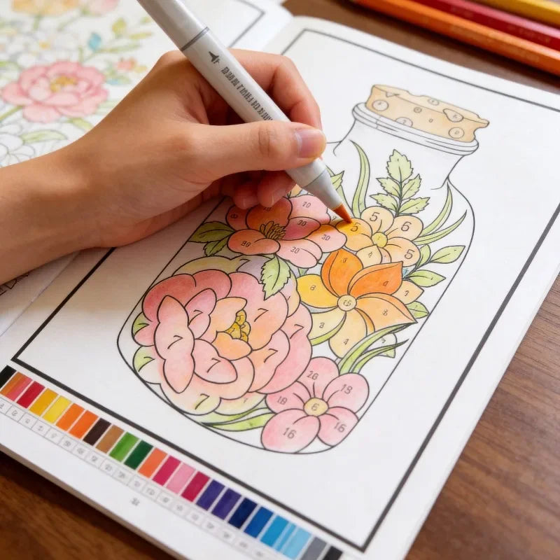A hand is coloring a detailed botanical illustration of flowers and leaves in a coloring book.