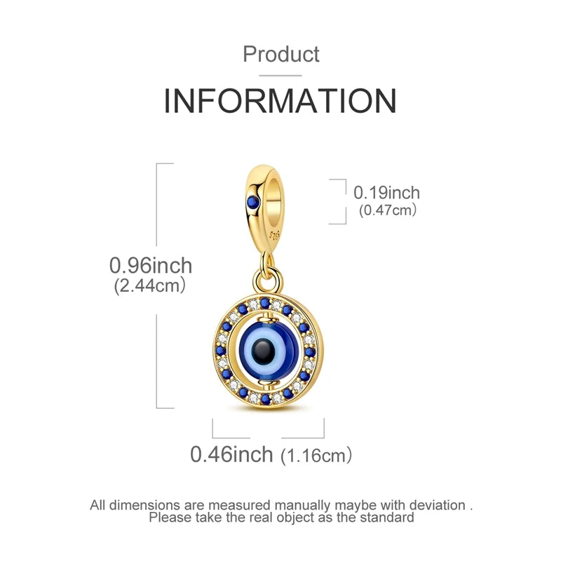 A gold-colored heart charm with a blue and silver eye design for bracelets and necklaces.