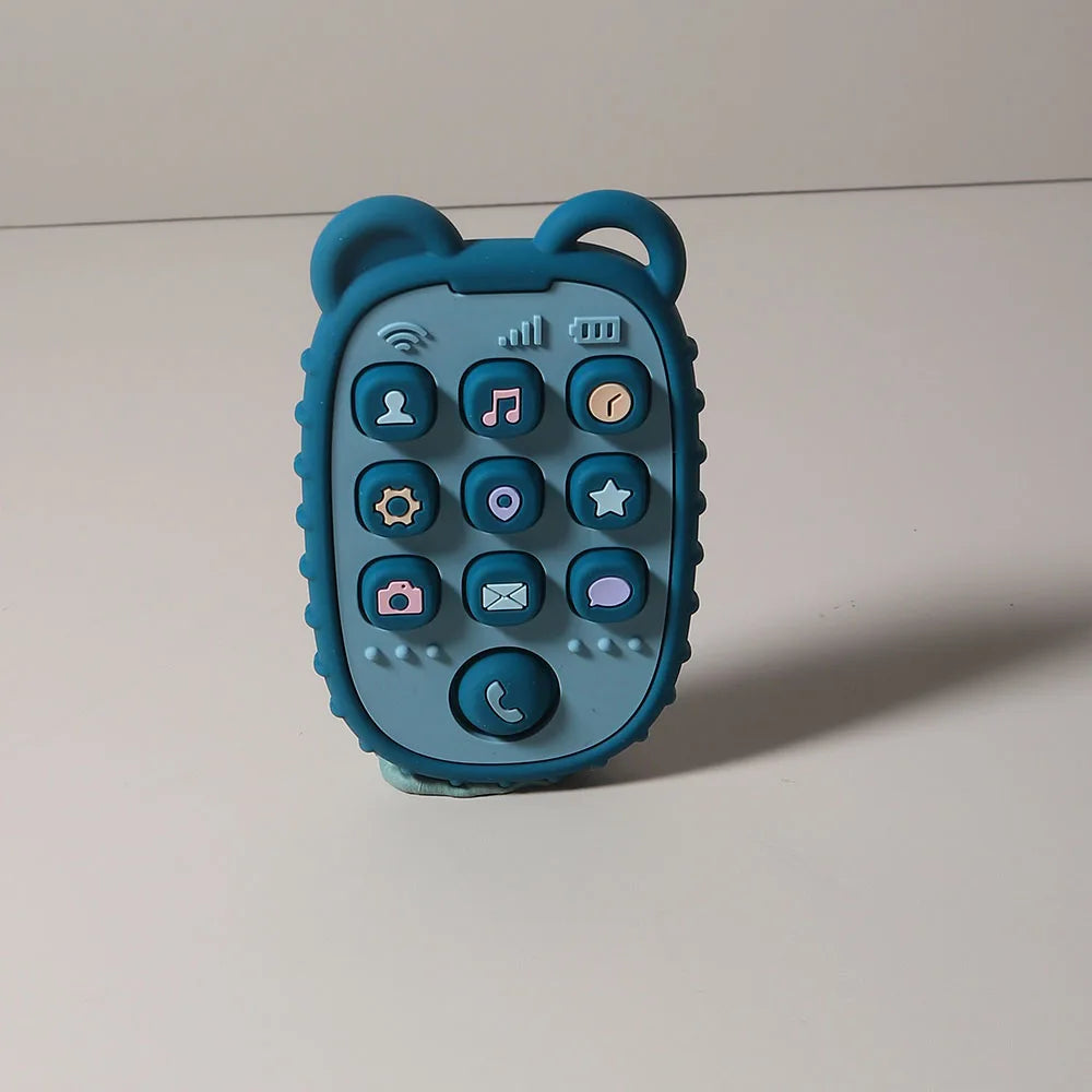 A blue silicone phone-shaped teether with various buttons and icons for babies.