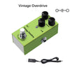 A green guitar pedal labeled Vintage Overdrive with controls for Tone, Volume, and a True Bypass switch.