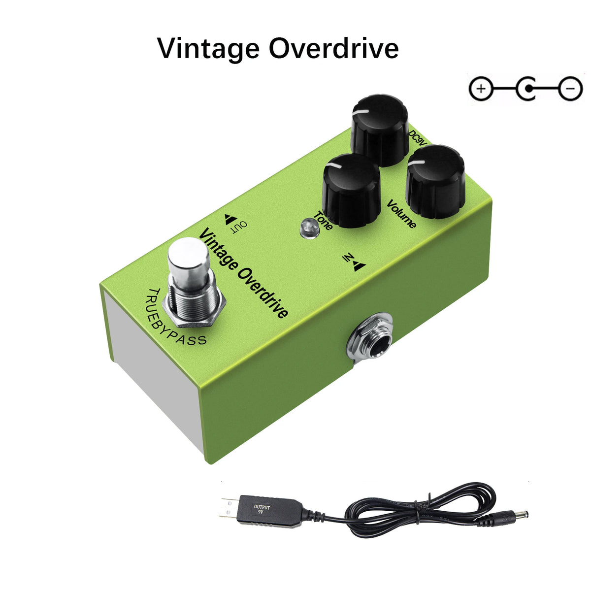 A green guitar pedal labeled Vintage Overdrive with controls for Tone, Volume, and a True Bypass switch.