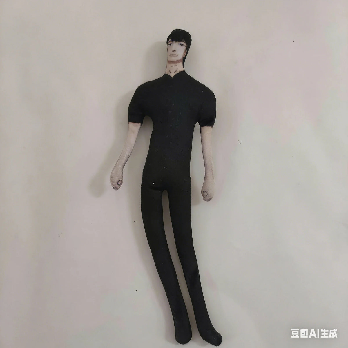 A black poseable plush doll figure standing upright against a white background.