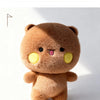 A fluffy brown panda plush toy with yellow accents, displayed against a white background.