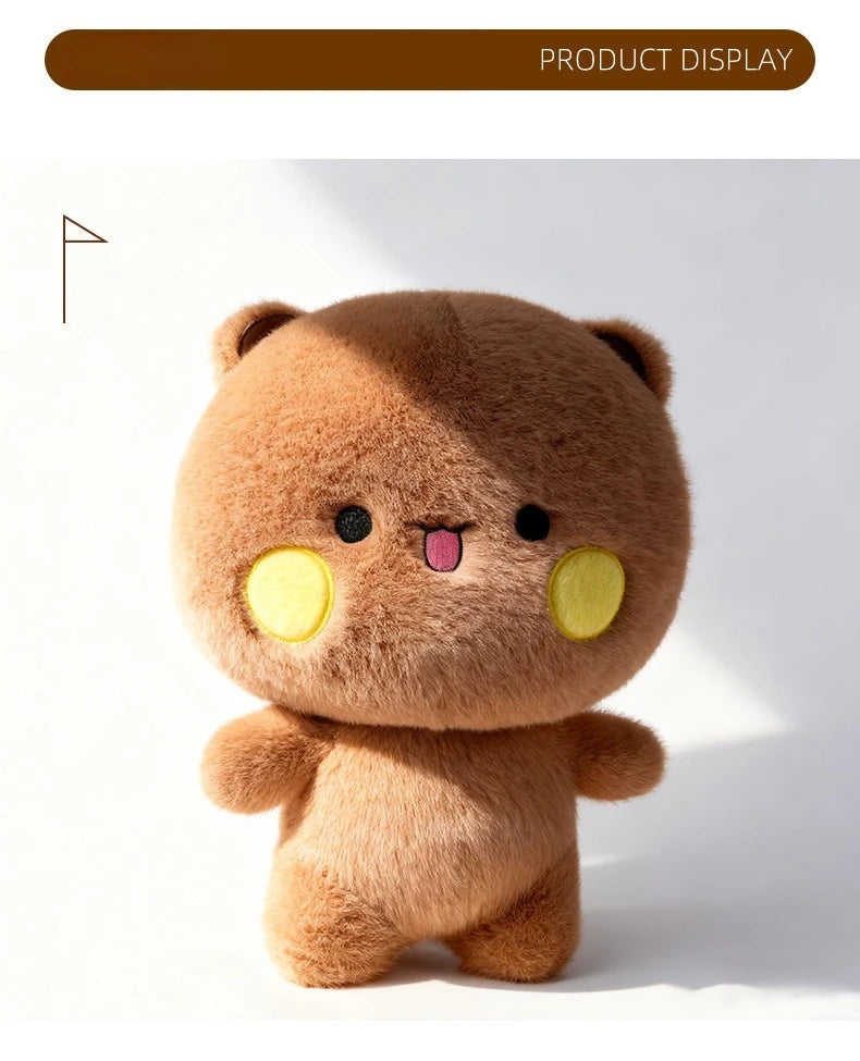 A fluffy brown panda plush toy with yellow accents, displayed against a white background.