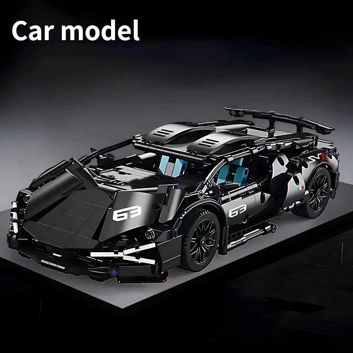 A black 1:14 scale RC sports car model with a spoiler and racing features displayed on a dark surface.