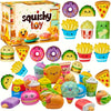 Assorted pack of 12 mini food squishy toys featuring various shapes and colors like donuts, corn, and fruit.