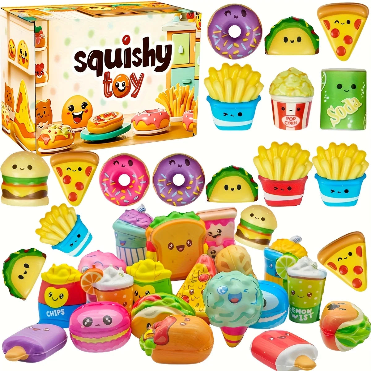 Assorted pack of 12 mini food squishy toys featuring various shapes and colors like donuts, corn, and fruit.