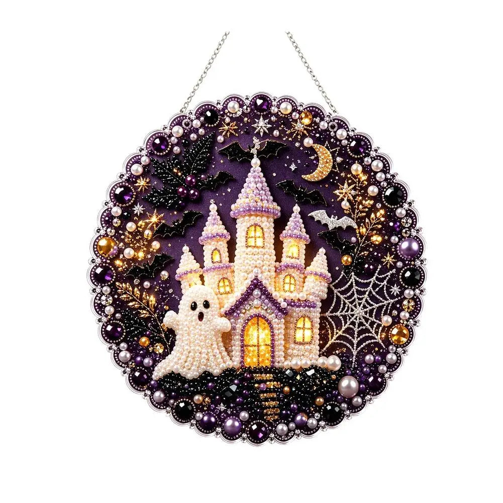A dark purple and gold diamond painting hanging ornament kit featuring a castle silhouette surrounded by sparkling elements.