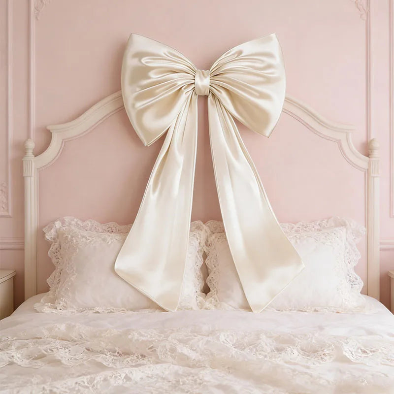 Creamy white satin bow decoration centered on a pink wall above a bed with white lace bedding.