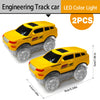 Two yellow LED colored engineering track cars for a flexible dinosaur race set