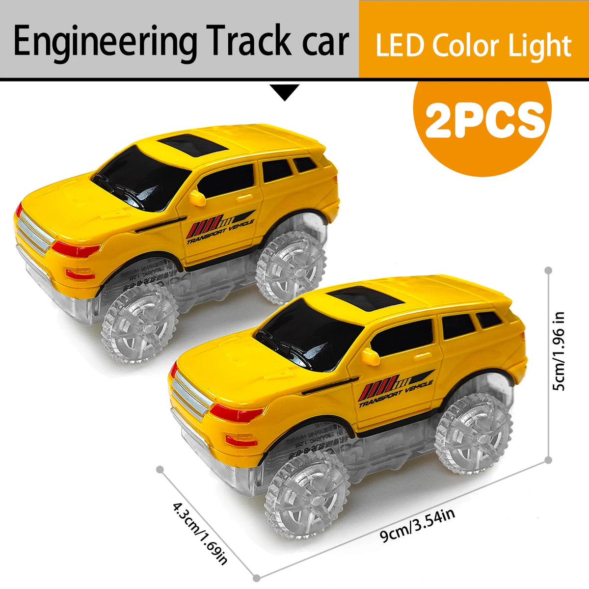 Two yellow LED colored engineering track cars for a flexible dinosaur race set