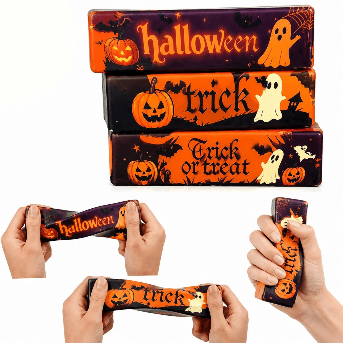 A set of Halloween butter squishy toys featuring pumpkins and ghosts for stress relief and fidgeting.