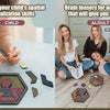 A child is using a hexagon wooden tangram puzzle while an adult enjoys similar puzzles.