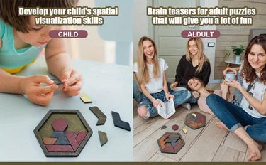 A child is using a hexagon wooden tangram puzzle while an adult enjoys similar puzzles.