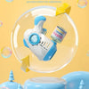 A white automatic bubble machine is shown floating above a blue surface, demonstrating its leak-proof 360-degree play feature