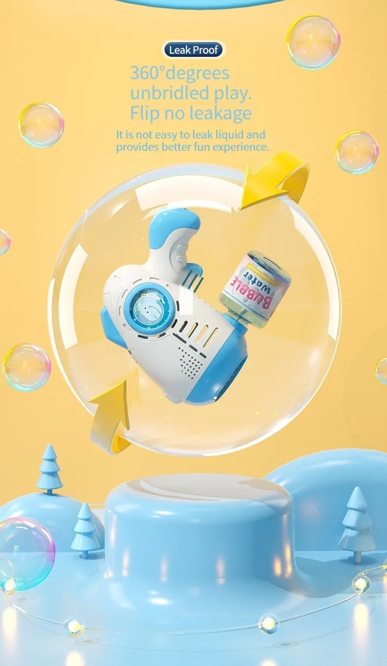 A white automatic bubble machine is shown floating above a blue surface, demonstrating its leak-proof 360-degree play feature