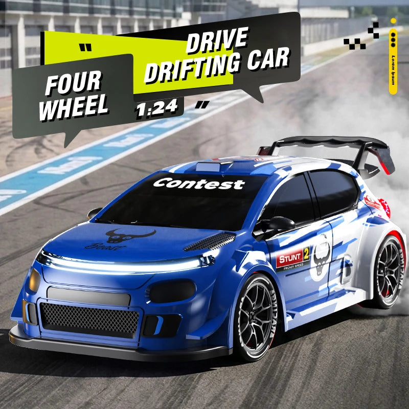 A blue 1:24 scale drift car is shown in a dynamic racing pose on an asphalt track.