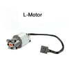 A silver L-Motor with a black wire and a connector attached.