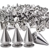 A pile of silver punk cone spike rivets for DIY fashion accessories.