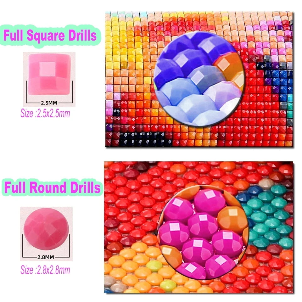 A set of full square and full round drills for a 5D diamond painting kit featuring various colored gems.
