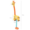 A yellow giraffe spray water toy with an orange neck and blue tube for bath time fun.