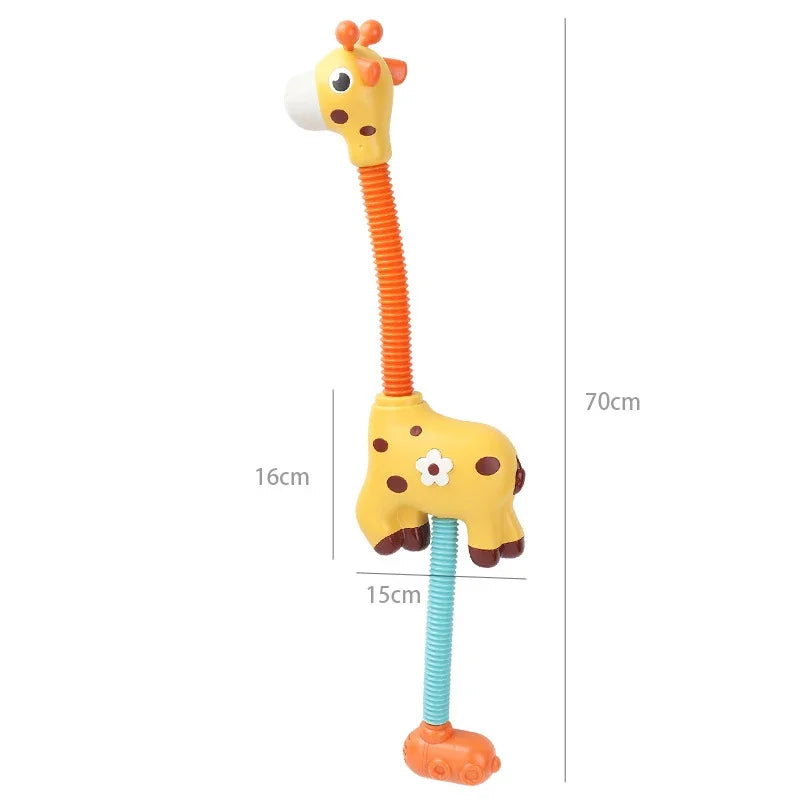 A yellow giraffe spray water toy with an orange neck and blue tube for bath time fun.