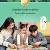 A mother and two children are playing with colorful rainbow stacking blocks on a table.