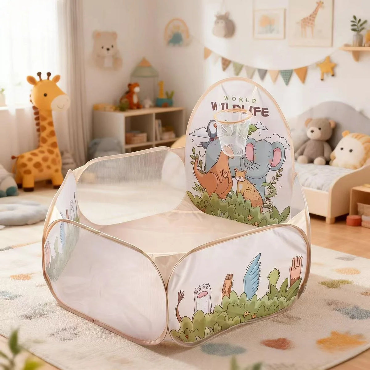 A foldable pop-up play tent featuring woodland animal designs for children.