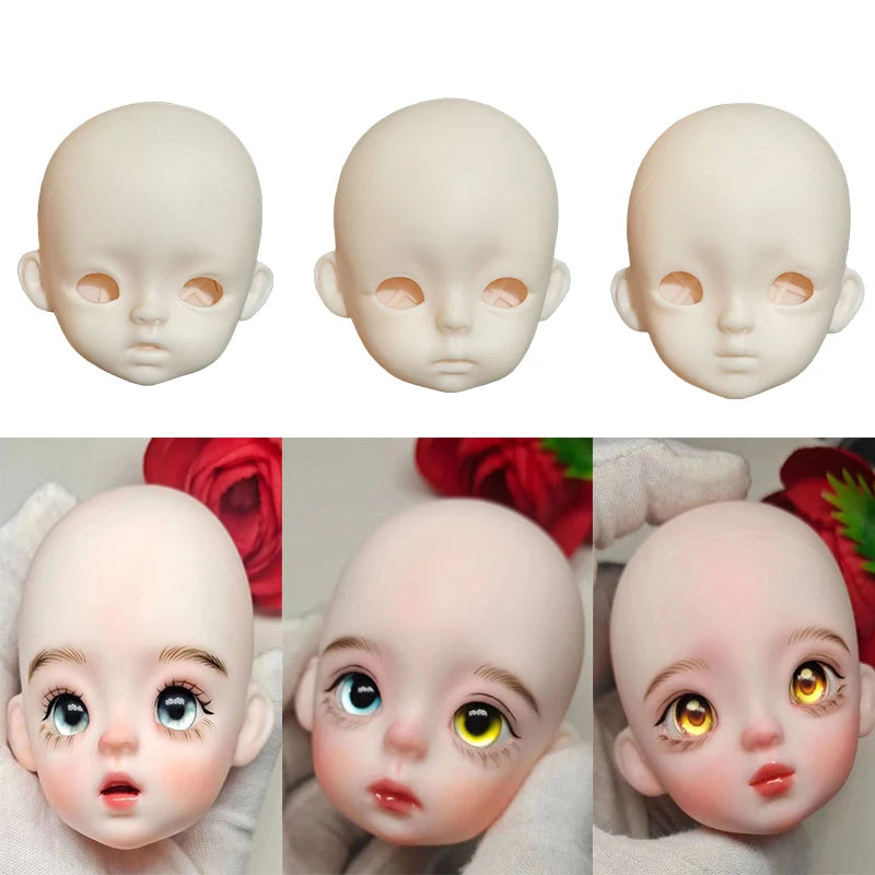 Three views of a white 1/6 scale BJD doll with large eyes shown from the front and side.