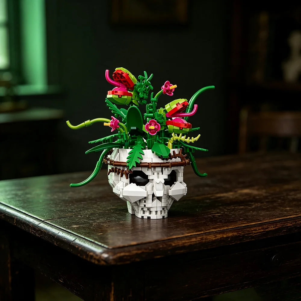 A set of gothic floral skull building blocks featuring bright green and pink flowers and leaves.