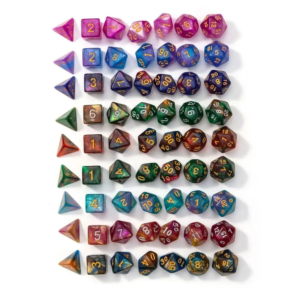 A set of seven polyhedral acrylic dice in various colors and shapes for tabletop role-playing games