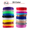 A collection of 20 colored PLA filament spools for 3D printing and pens, arranged in stacks.
