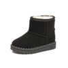 Black cozy fur-lined winter boots with a slip-on style for children