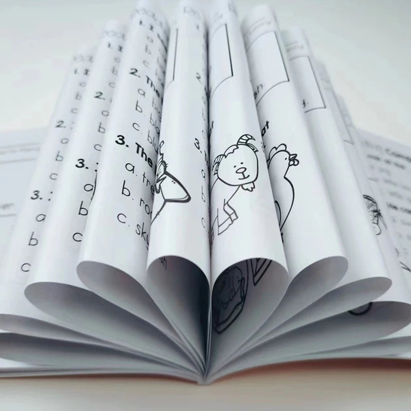 A close-up of an open book showing multiple pages with illustrations and text for English reading comprehension.