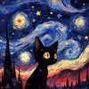 A black cat sits against a vibrant, swirling starry night sky with colorful nebulae and silhouettes of city buildings.