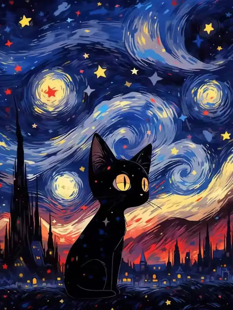 A black cat sits against a vibrant, swirling starry night sky with colorful nebulae and silhouettes of city buildings.