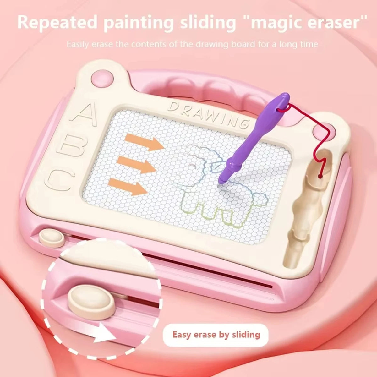 A pink magnetic drawing board with a grid and eraser tool is shown, demonstrating how to easily erase drawings by sliding.