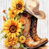 A pair of brown cowboy boots and a tan cowboy hat decorated with bright yellow sunflowers.