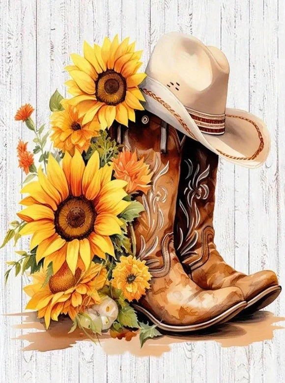 A pair of brown cowboy boots and a tan cowboy hat decorated with bright yellow sunflowers.