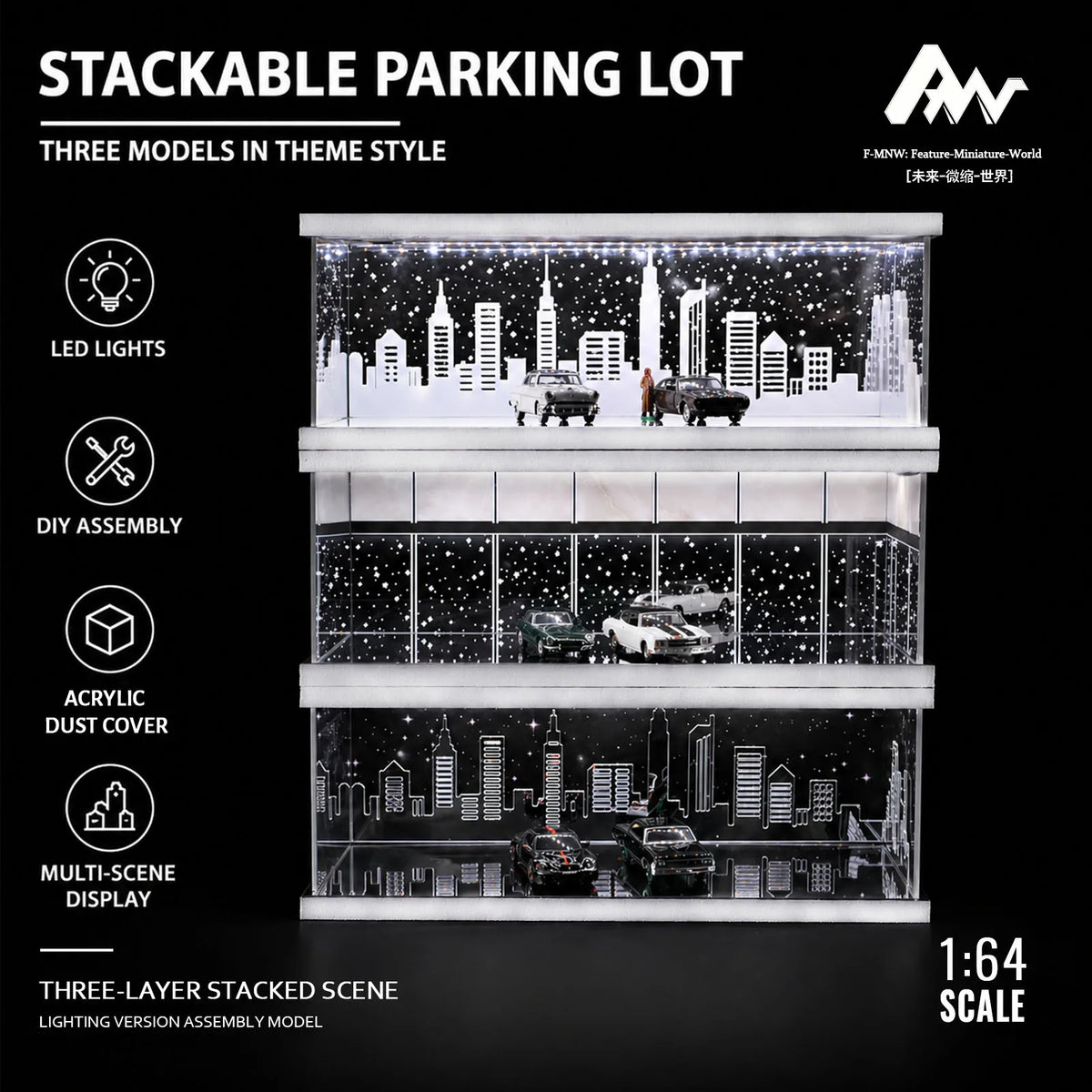 A three-layer stacked model display featuring a city skyline and cars, built in a theme style.